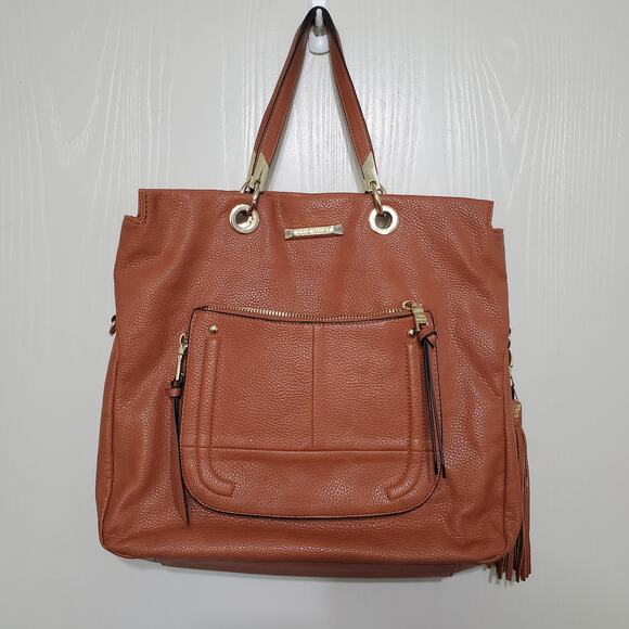 Steve Madden Large Camel Cognac Tote Outside Zip Pocket Gold Hardware - Picture 2 of 13